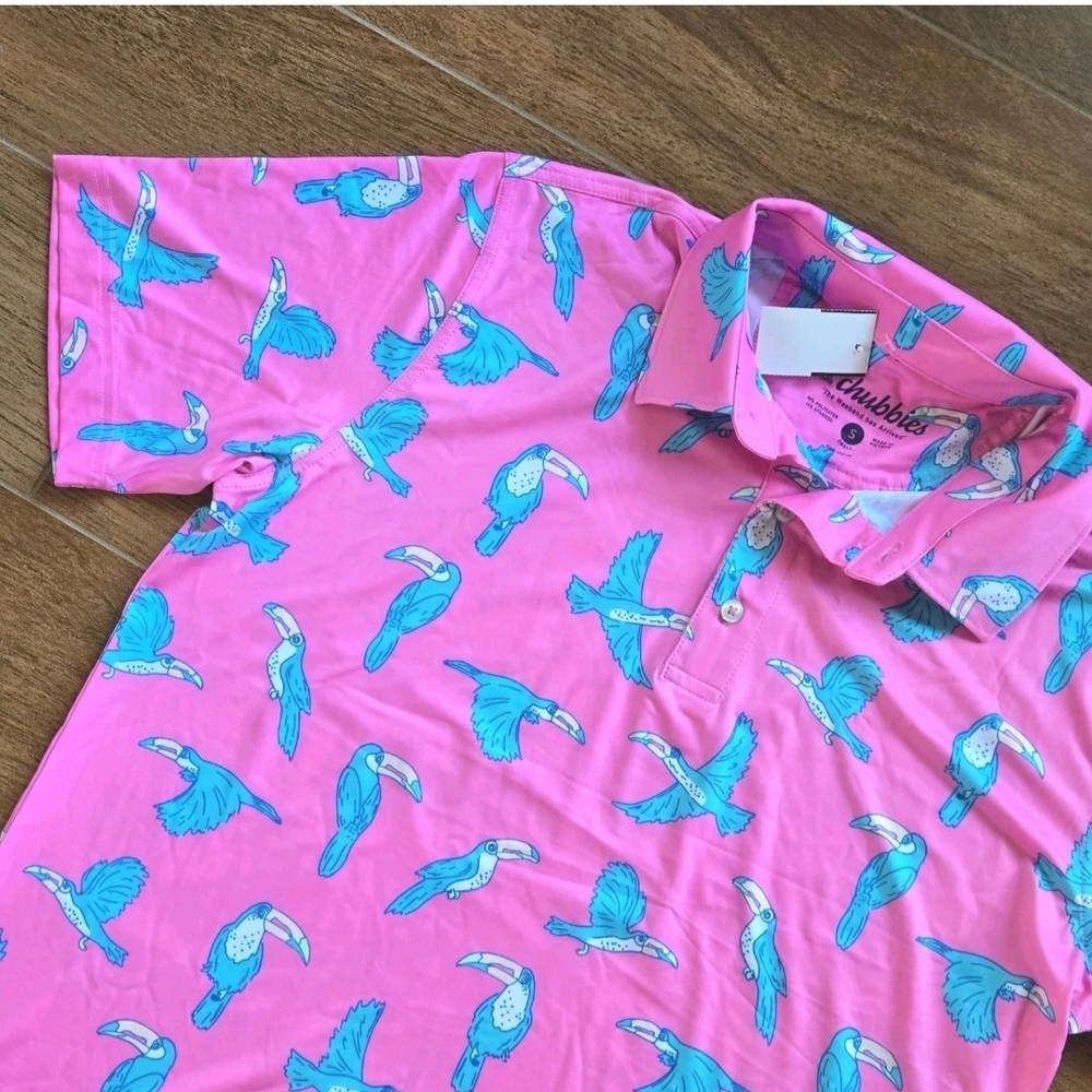 NWT Chubbies Toucan Do It Short Sleeve Mens Small Performance Polo Golf Shirt
